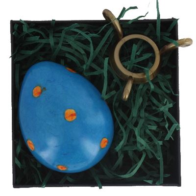 Blue Soapstone Egg with Orange Polkadots in Gift Box and Free Stand